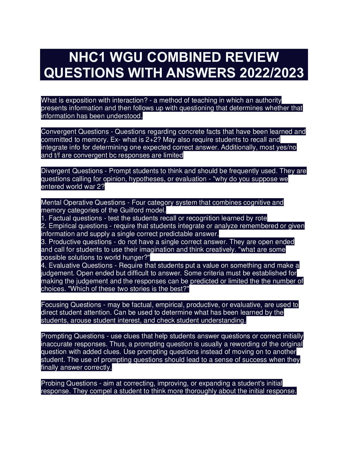 Preview image for NHC1 WGU COMBINED REVIEW QUESTIONS WITH ANSWERS 2022/2023